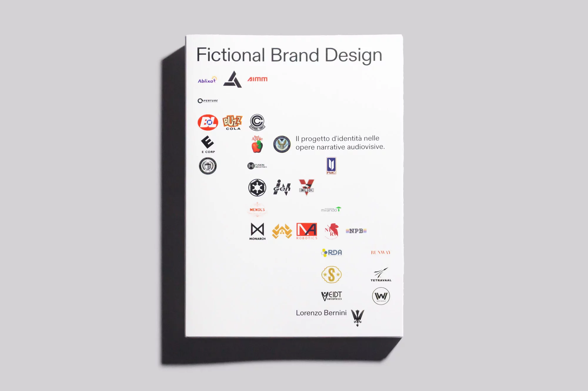 Book cover featuring 'Fictional Brand Design' title and a collection of logo designs, displayed against a plain light grey background.