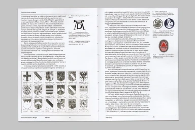 Open book layout detailing the history of branding and graphic identity with historical monograms and heraldic emblems.