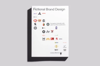 A white book cover featuring the title Fictional Brand Design and numerous small fictional company logos arranged across the surface.
