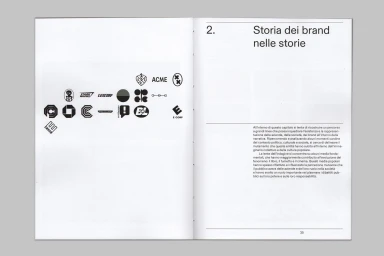 Open book page showing various black brand logo marks on the left and Italian typographic text on the right.