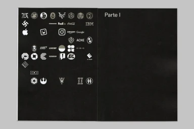 Spreading pages of a publication featuring white minimalist corporate logos on black background and text Parte I