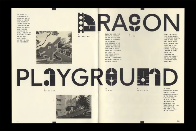 Vintage-style magazine spread features black-and-white images of playgrounds, 'Dragon Playground' text, and graphic typography elements.