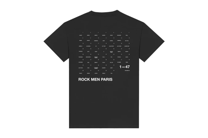 Black t-shirt with white text featuring 'ROCK MEN PARIS' and a grid of names, against a stark white backdrop for fashion retail.
