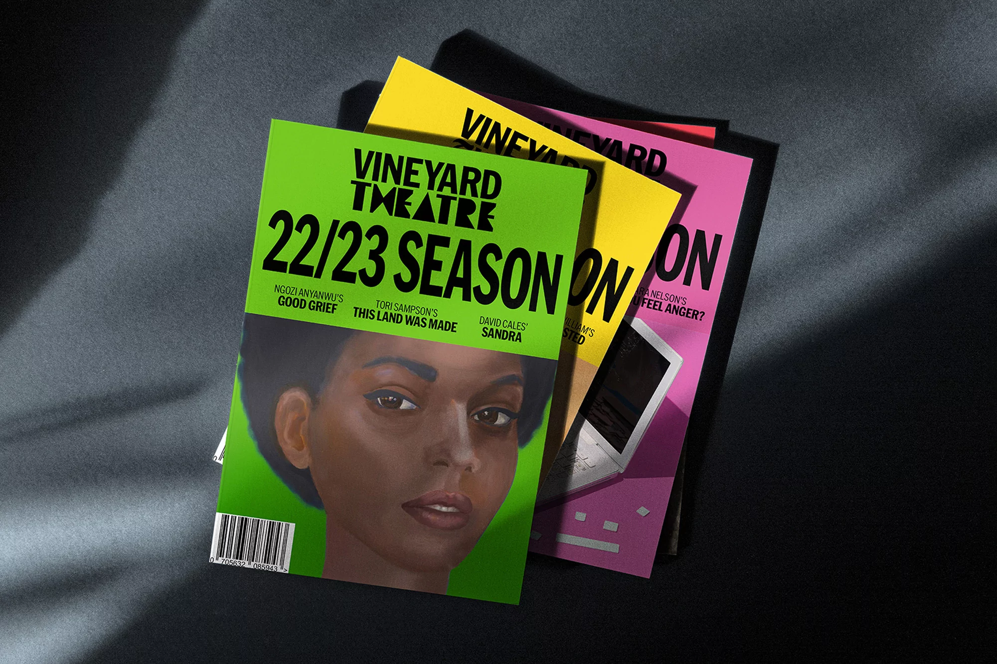 Stack of 'Vineyard Theatre' playbills on dark grey surface. Playbill features an illustration of a Black woman's face. Play titles listed.