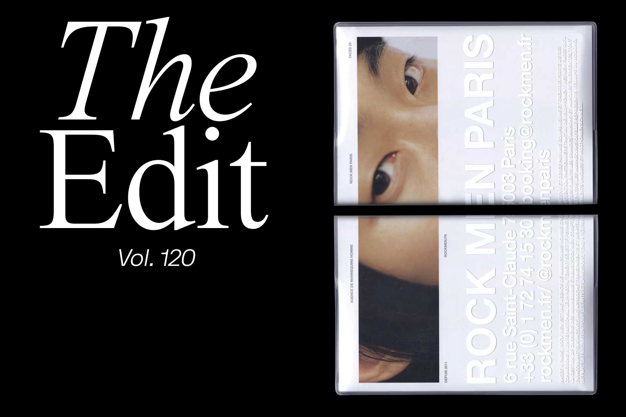 Magazine cover featuring close-up shots of a face and brand contact information for ROCKMEN PARIS, set against a black background. 