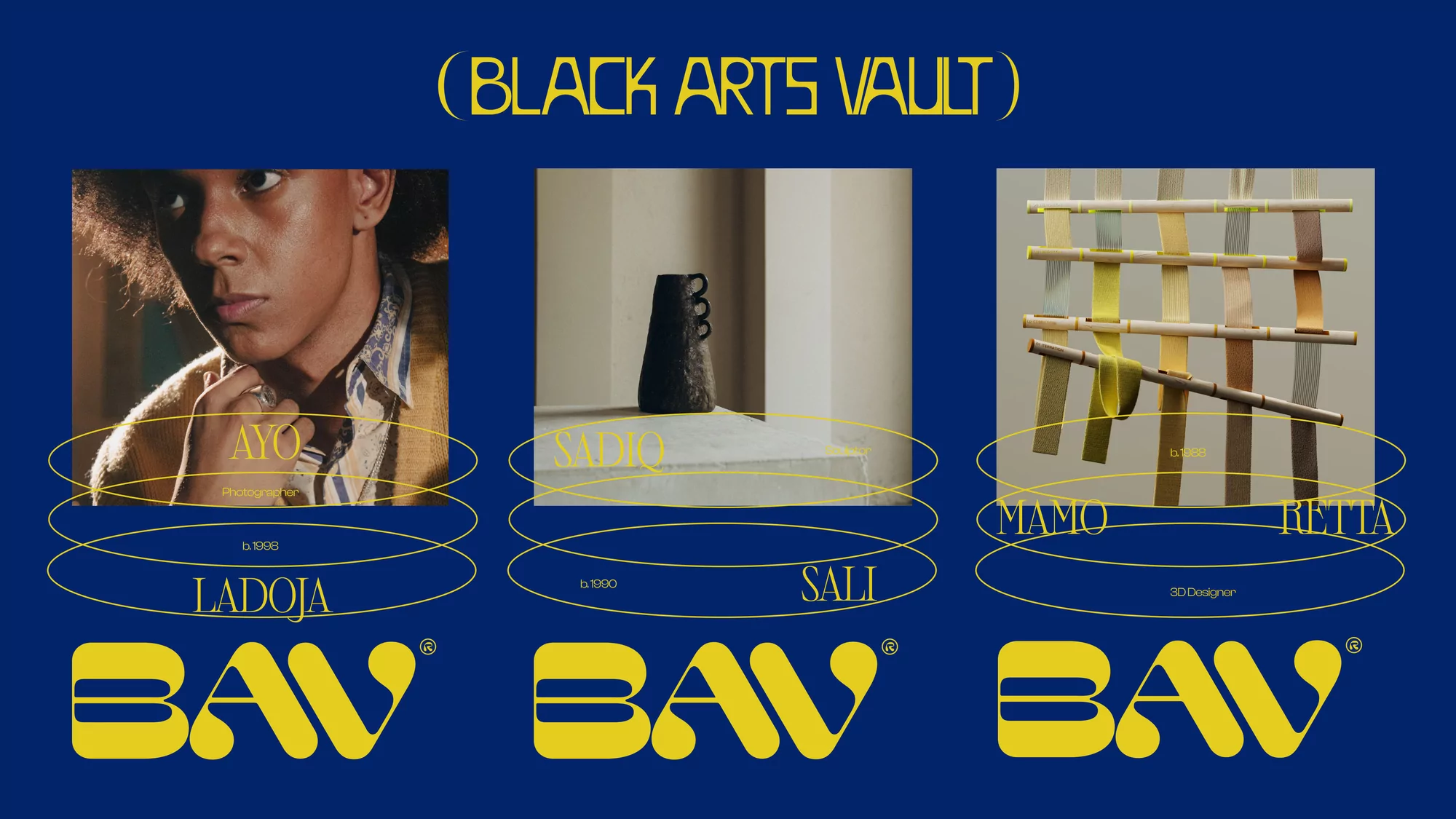 Triptych of artworks from Black Arts Vault: portrait of Ayo Ladoja, vase by Sadiq Sali, fiber art piece by Mamo Retta, against a dark blue.