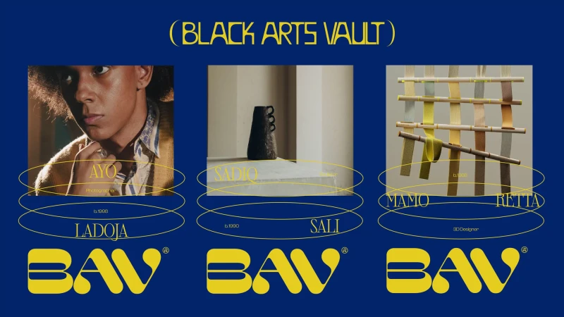 Triptych of artworks from Black Arts Vault: portrait of Ayo Ladoja, vase by Sadiq Sali, fiber art piece by Mamo Retta, against a dark blue.