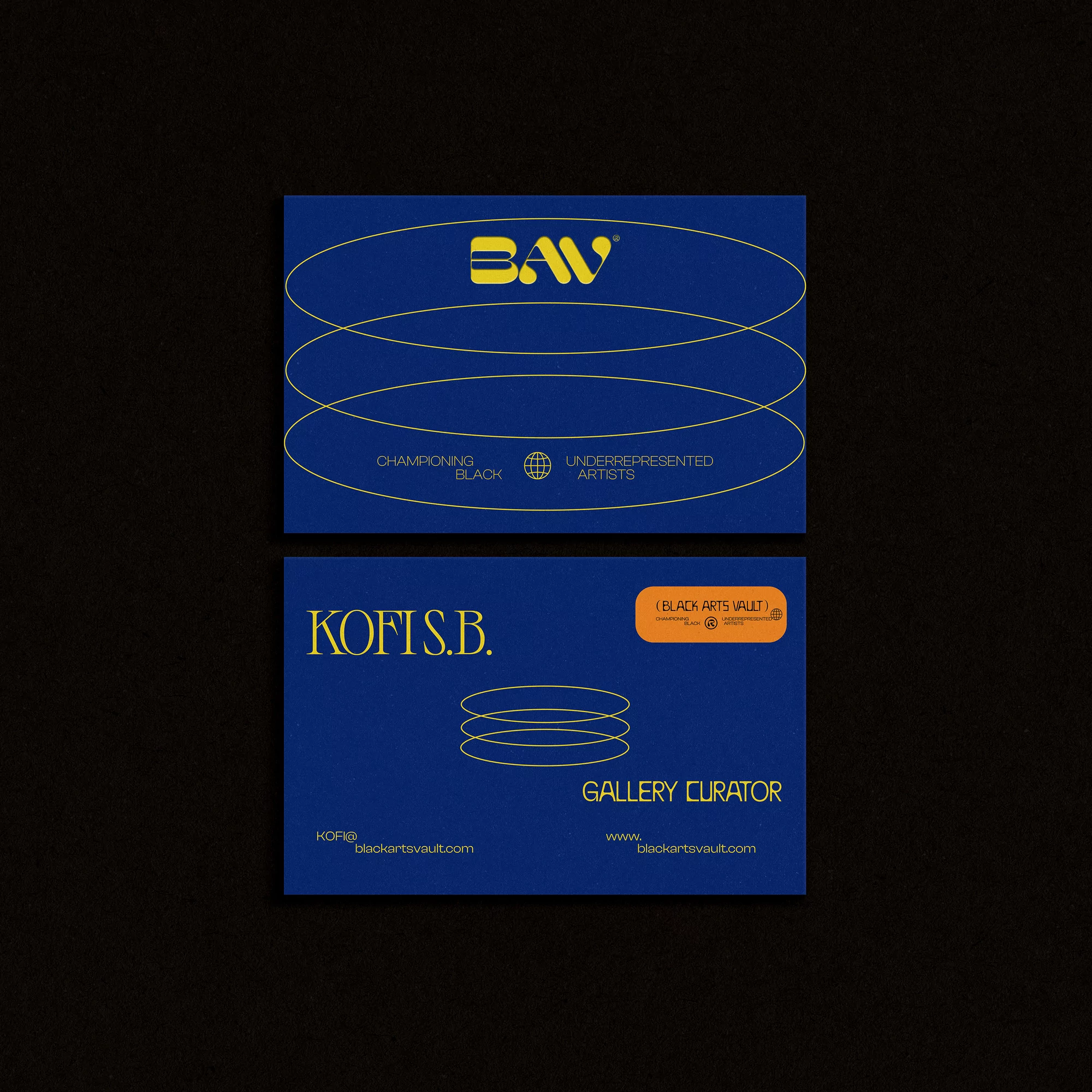 Two business cards with geometric design on blue backgrounds, featuring the text 'BAV,' 'Kofi S.B.,' and contact information in yellow and orange.