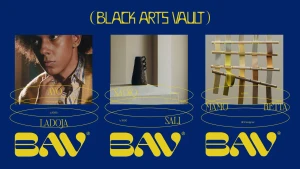 Black Arts Vault brand identity layout featuring three square image panels and yellow typography on a deep blue background.