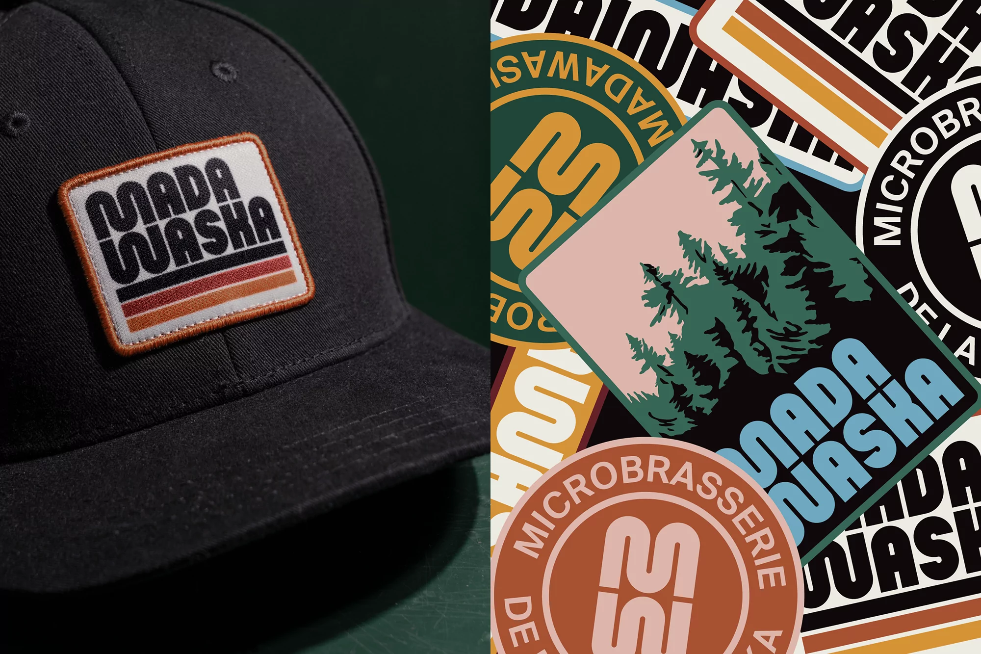 Close-up of black cap with Madawaska brand patch, featuring retro-striped design and a sticker collage of forest and logo graphics.