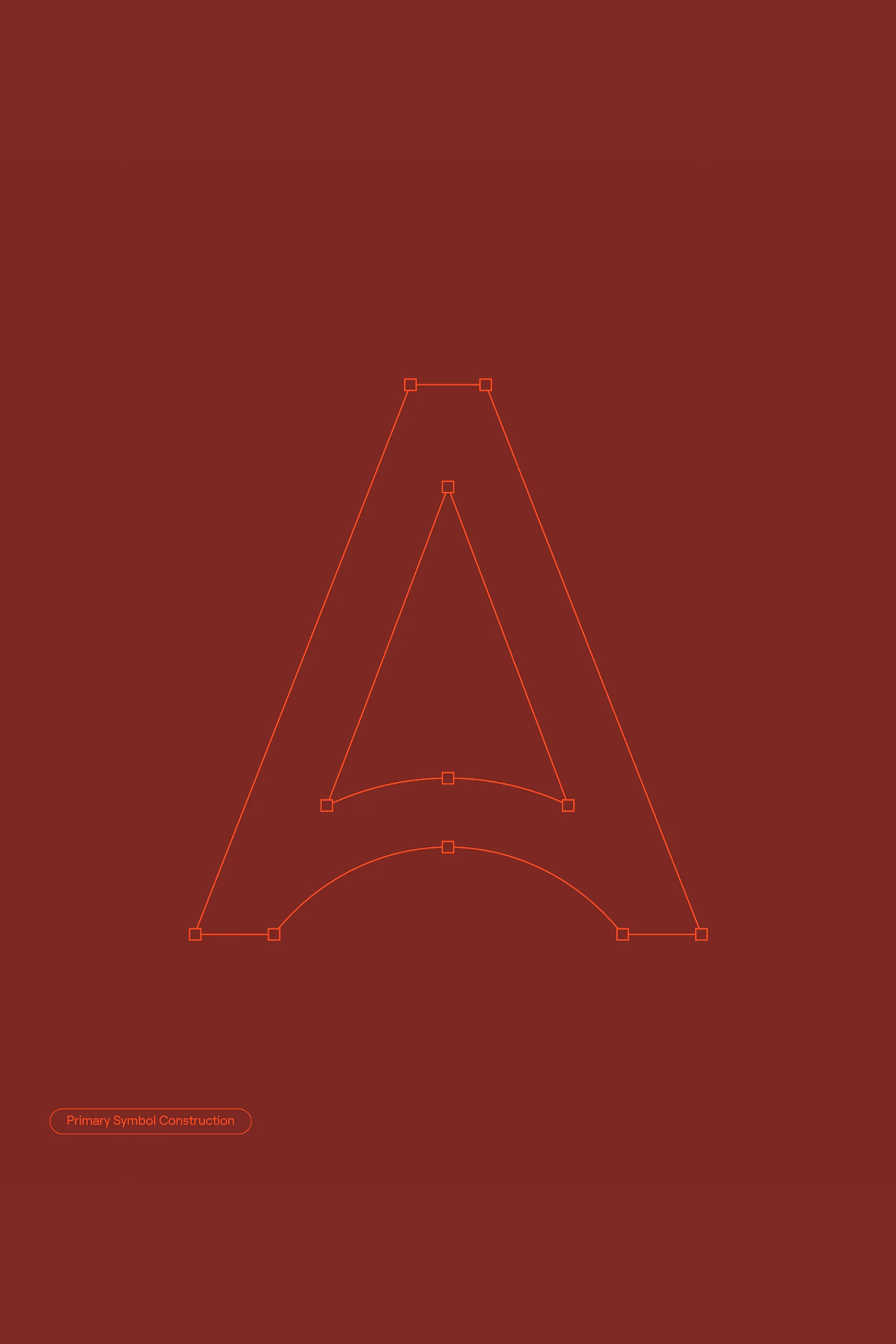 Graphical art of the letter A with geometric construction, orange lines, and curved connectors on a dark red-brown background.