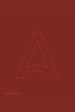 Graphical art of the letter A with geometric construction, orange lines, and curved connectors on a dark red-brown background.
