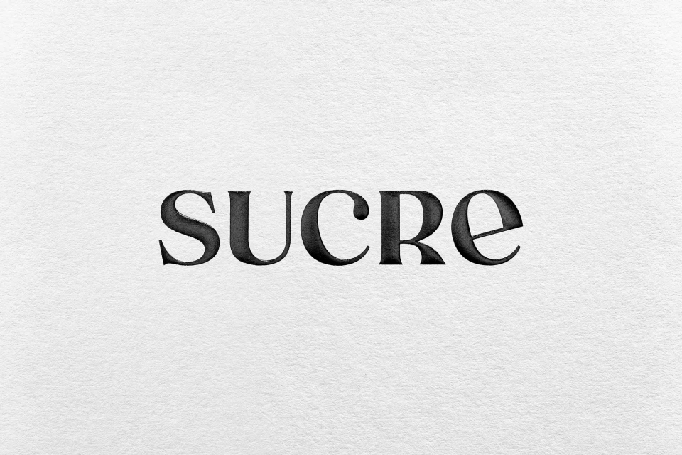 Elegant typography on textured paper. Close-up studio shot of the word 'SUCRE' in a serif typeface, displaying craftsmanship and simplicity.