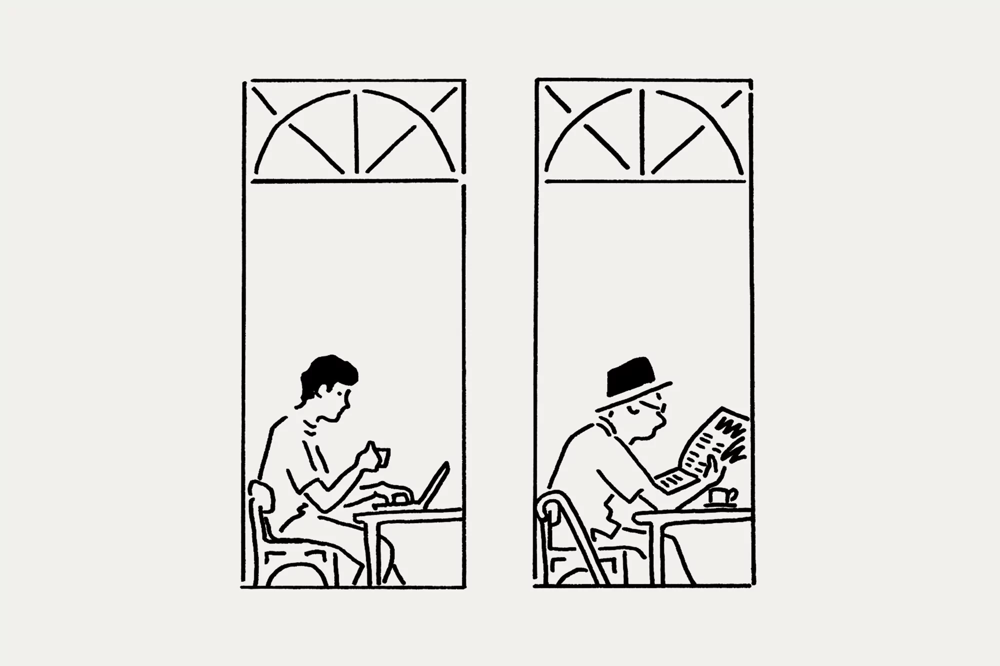 Illustration of two men sitting at tables in separate window frames, one using a laptop, the other reading a newspaper.