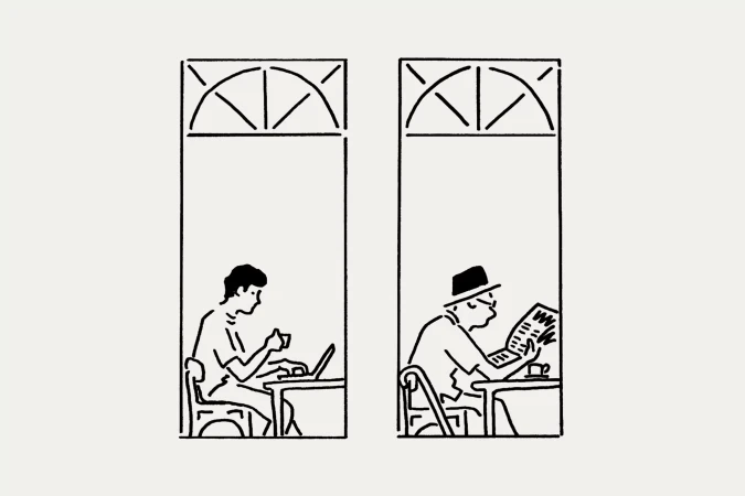 Illustration of two men sitting at tables in separate window frames, one using a laptop, the other reading a newspaper.