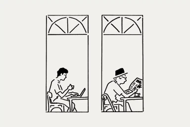 Black and white line illustration showing two cafe scenes with people seated at tables against an off-white background.