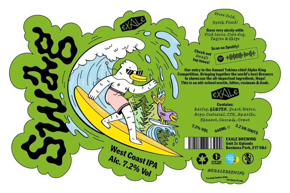 Whimsical beer label featuring a cartoon duck surfing a yellow surfboard, set against a backdrop of waves and trees, promoting West Coast IPA.