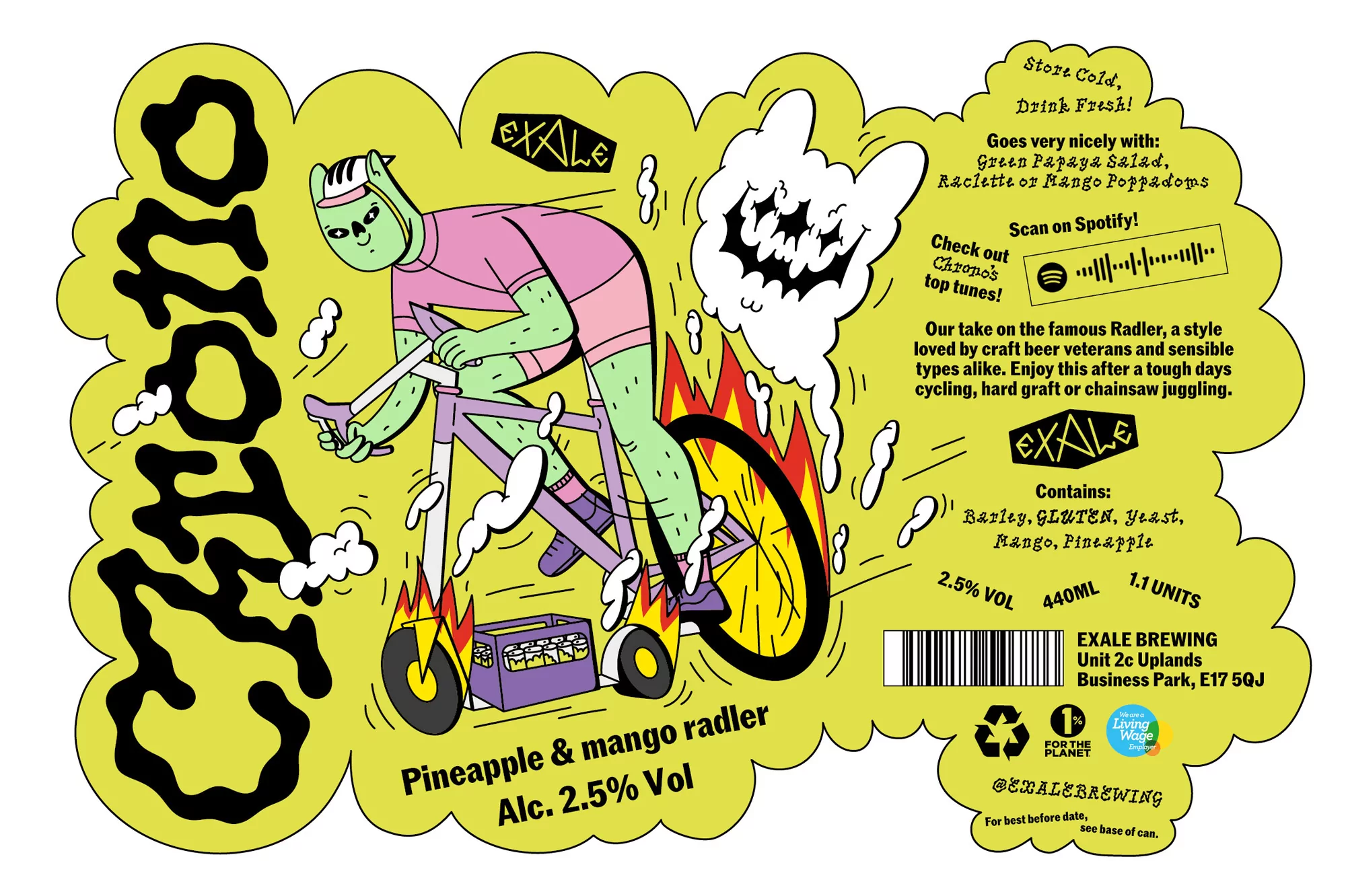 Illustrated beer can label: A cartoon alien cycles a bike amid a bright yellow backdrop with text promoting pineapple and mango radler.