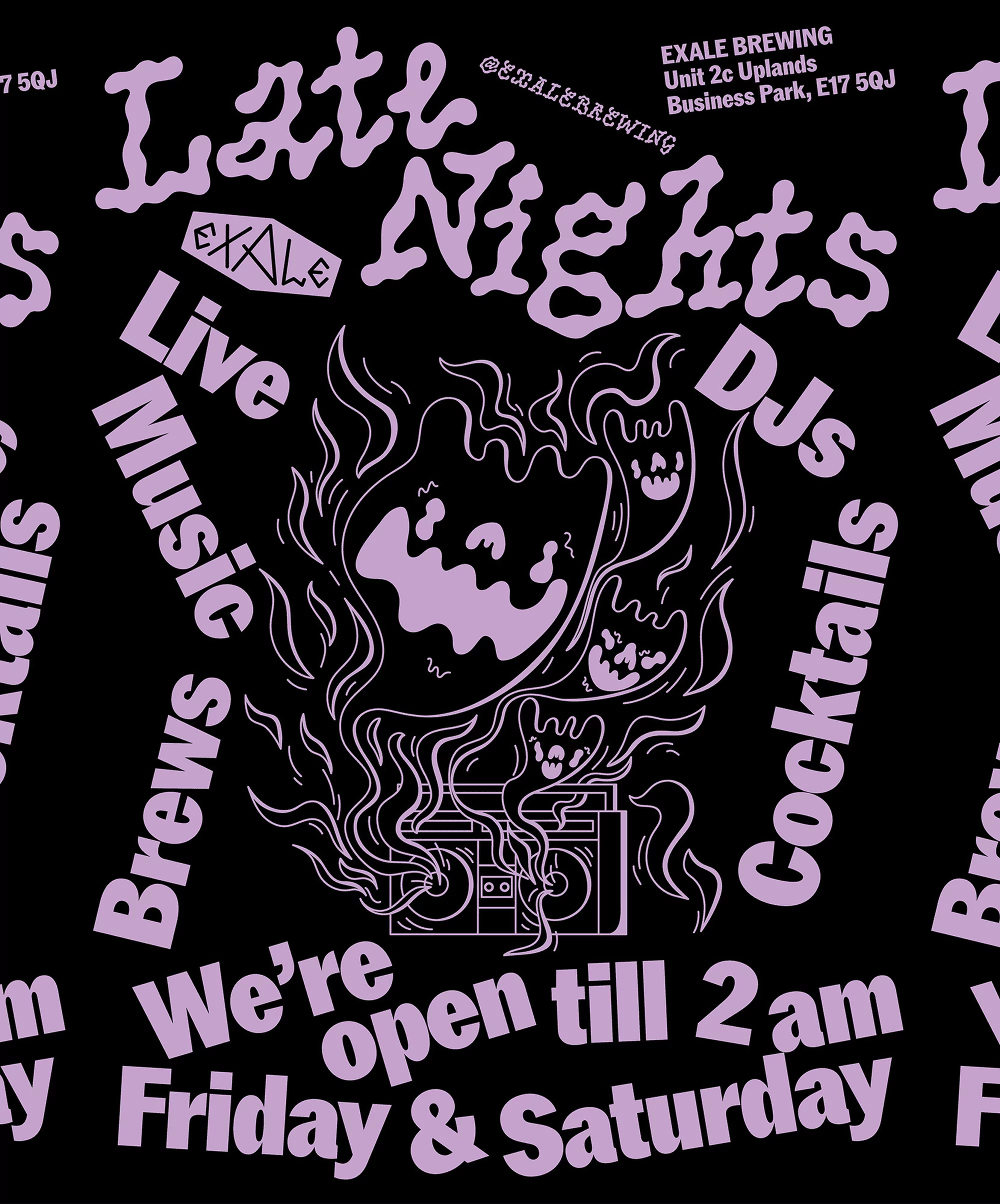 Flyer graphic with illustrated ghosts, boombox, and 'Late Nights' text, promoting live music, DJs, brews, and cocktails at Exale Brewing.