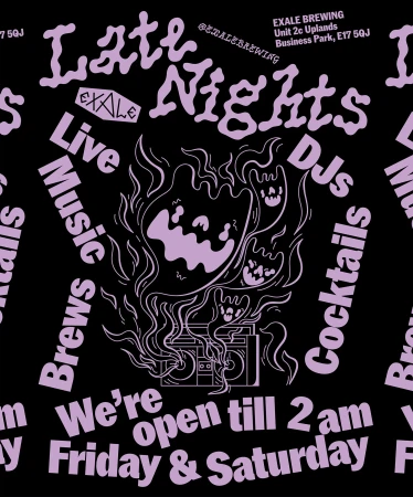 Flyer graphic with illustrated ghosts, boombox, and 'Late Nights' text, promoting live music, DJs, brews, and cocktails at Exale Brewing.