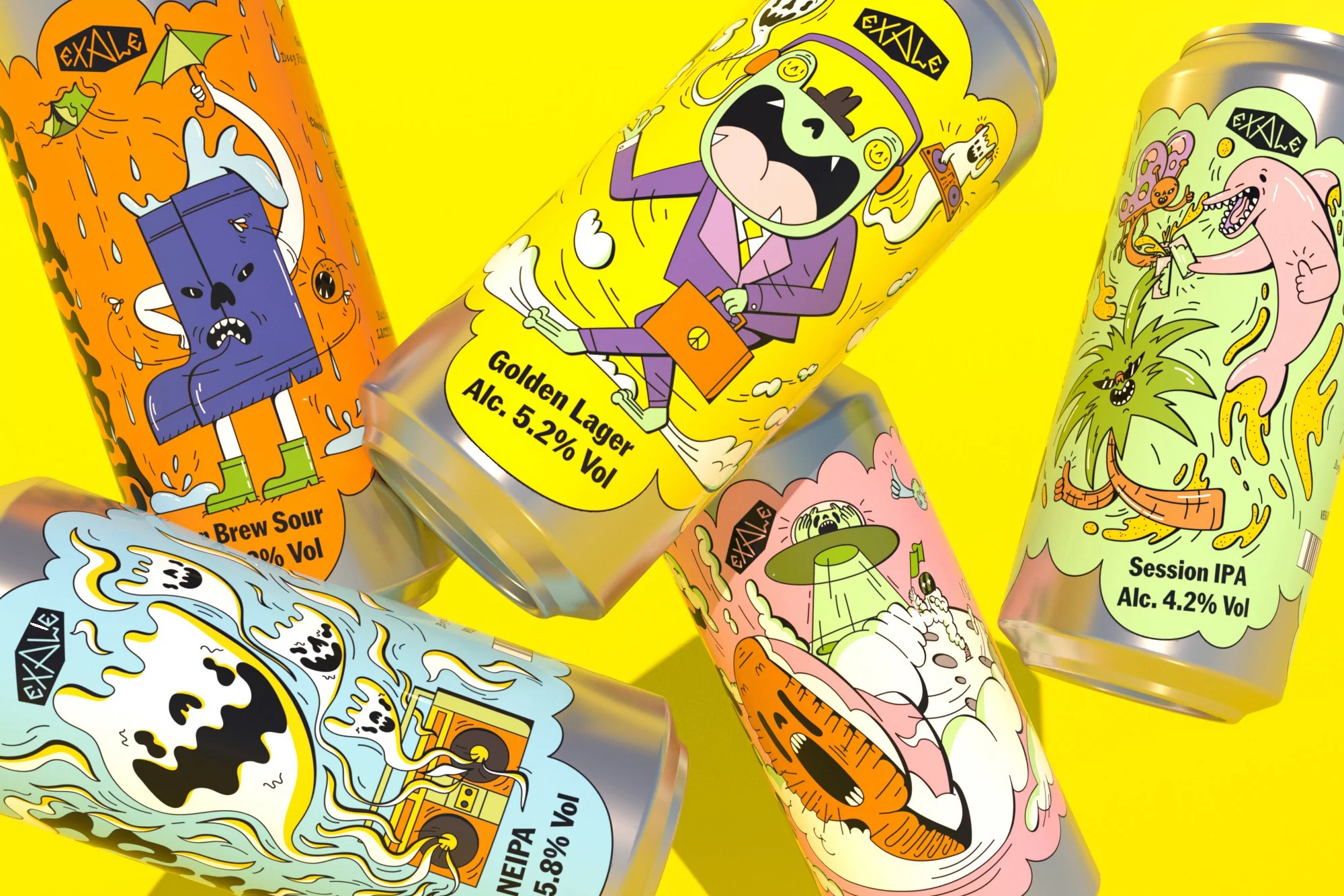 Eye-level shot of five Exale beer cans with colorful cartoon illustrations on a bright yellow background, creating a visually striking product display.