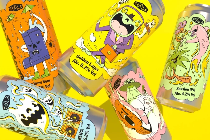 Eye-level shot of five Exale beer cans with colorful cartoon illustrations on a bright yellow background, creating a visually striking product display.