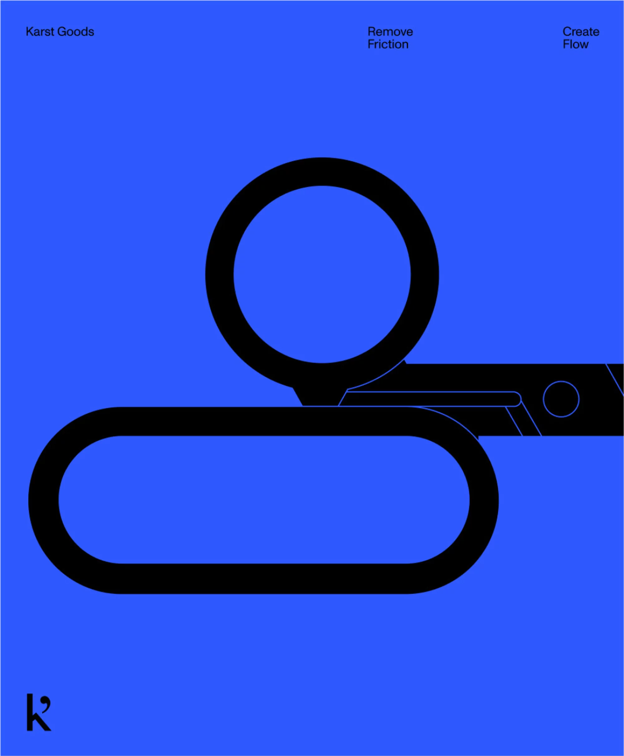 Graphic illustration with black abstract shapes against a solid blue backdrop, featuring the words 'Karst Goods', 'Remove Friction', and 'Create Flow'.