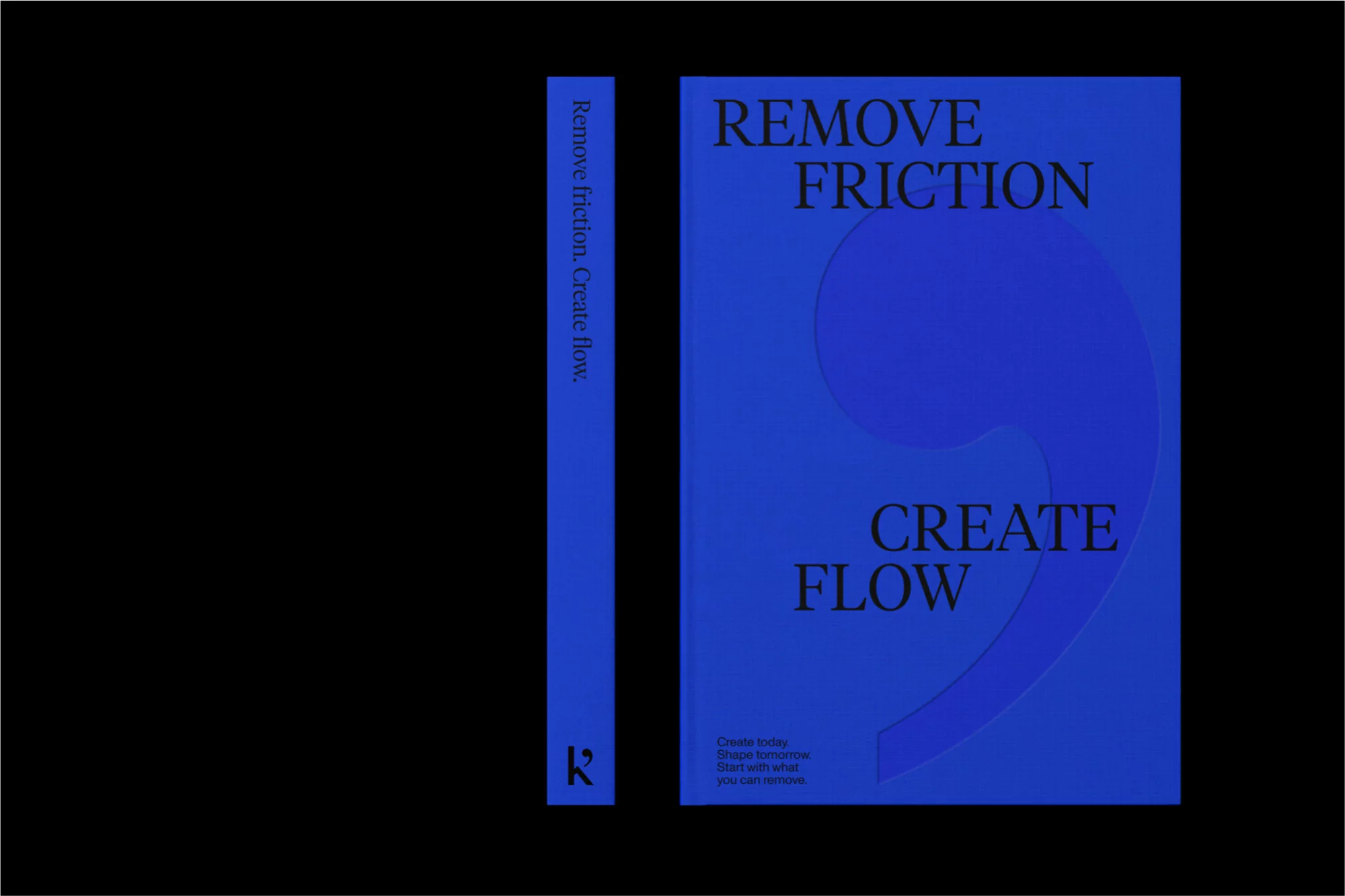 Abstract graphic design featuring blue backdrop with 'Remove Friction. Create Flow' typography and curved, layered design elements.