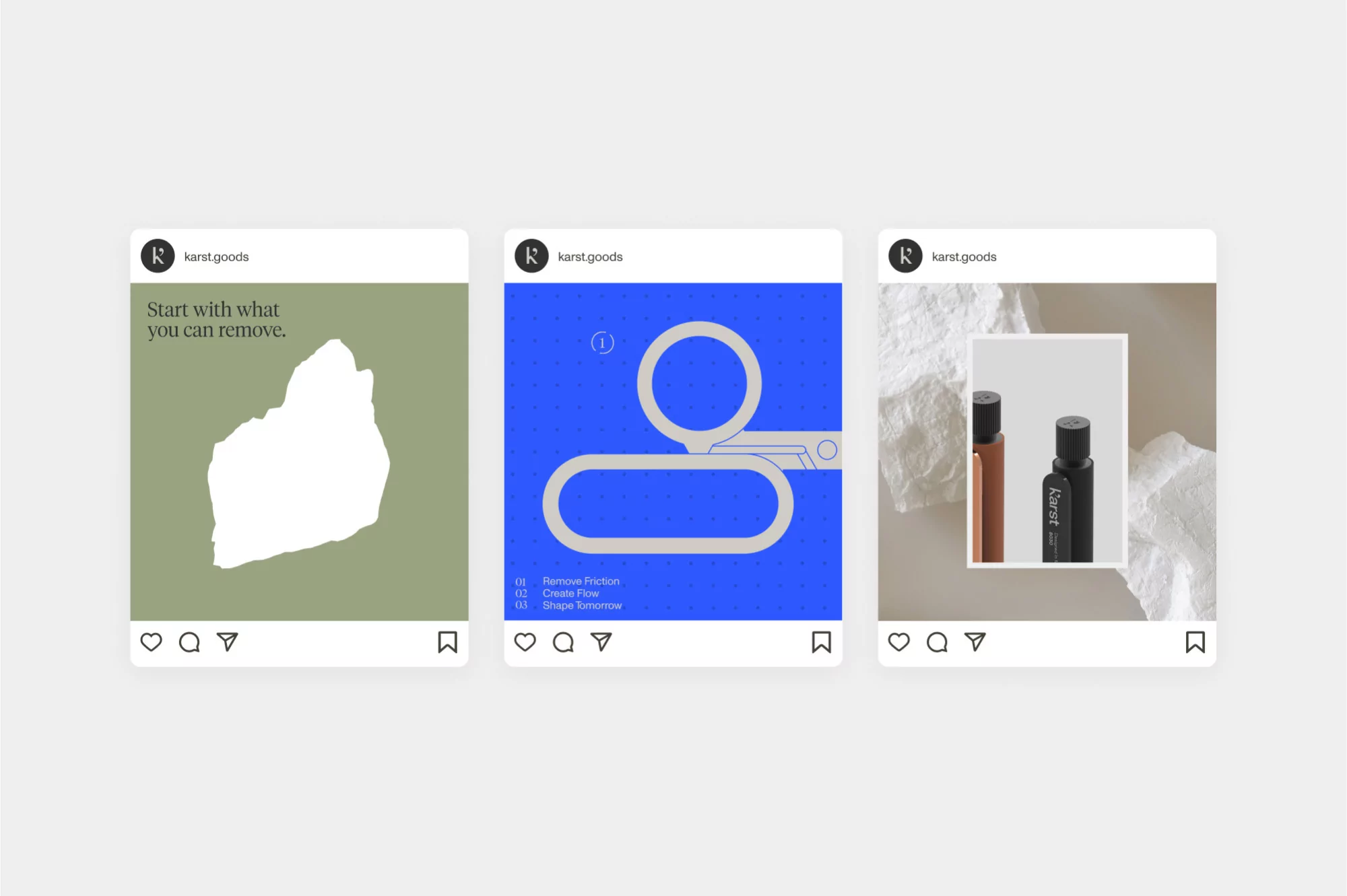Three Instagram-style posts in a row: an abstract blob, a blue design, and two cosmetic bottles set against a white textured backdrop.