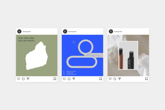 Three Instagram-style posts in a row: an abstract blob, a blue design, and two cosmetic bottles set against a white textured backdrop.