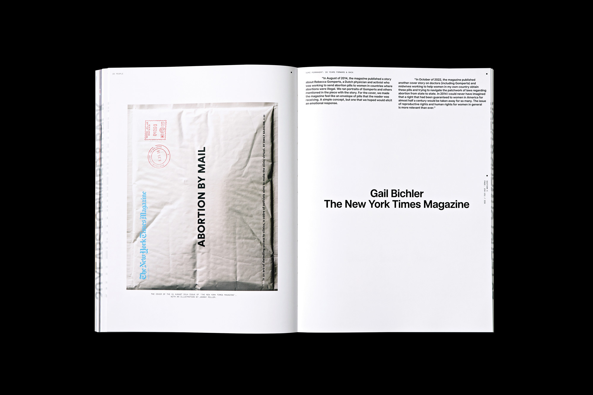 Magazine spread features an image of a white envelope with 'Abortion by Mail' text and stamps next to an article by Gail Bichler.