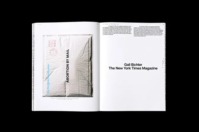 Magazine spread features an image of a white envelope with 'Abortion by Mail' text and stamps next to an article by Gail Bichler.