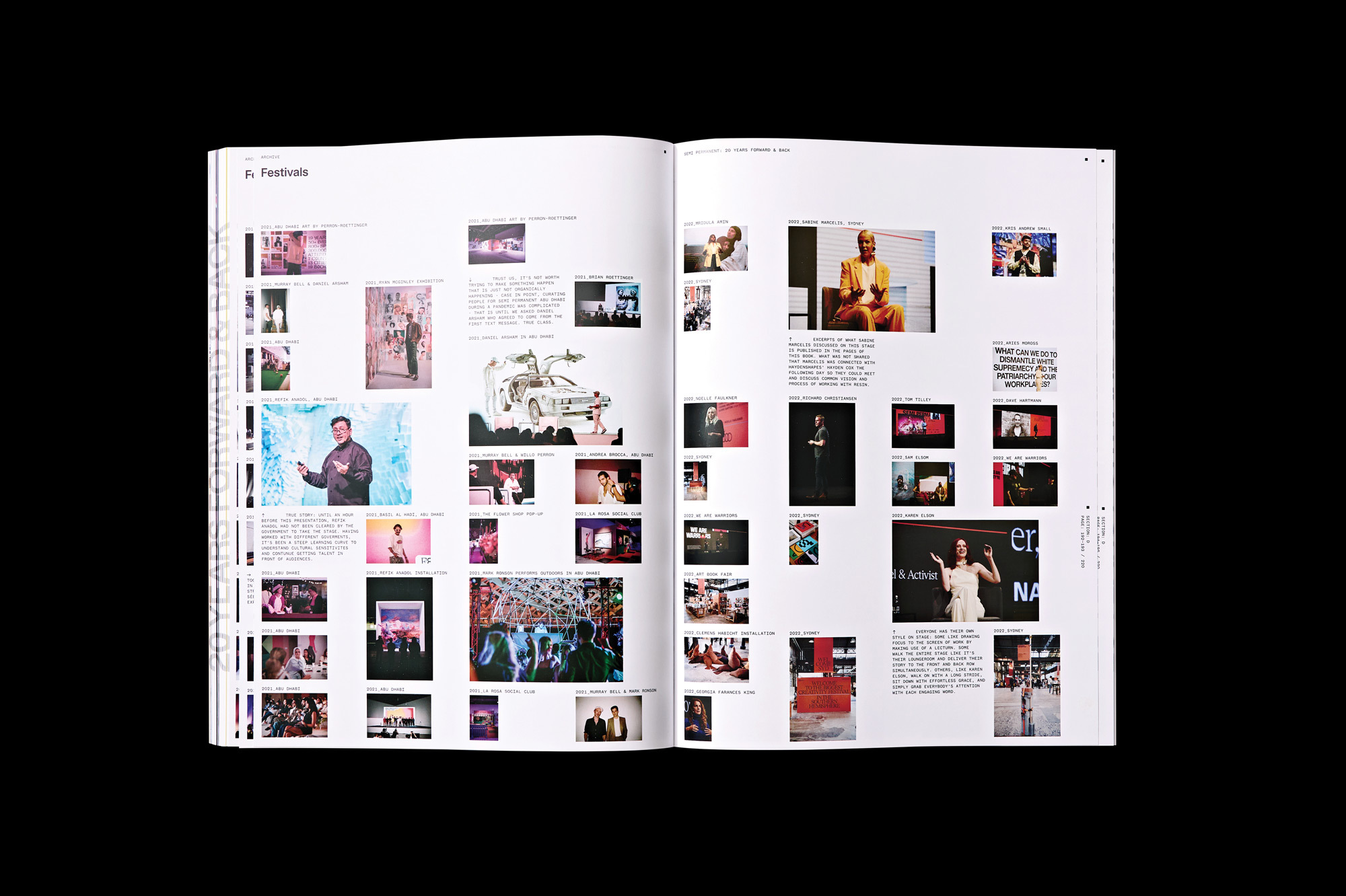 Open book spread shows layouts and images from a festival, printed on white pages with black background, good for graphic design search.