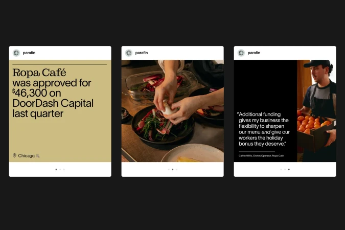 Instagram carousel post with a financial promotion, a hand preparing food, and a quote from a restaurant owner.