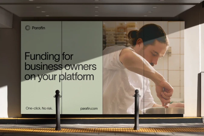 Outdoor advertising featuring Parafin with text 'Funding for business owners on your platform' and chef preparing food.
