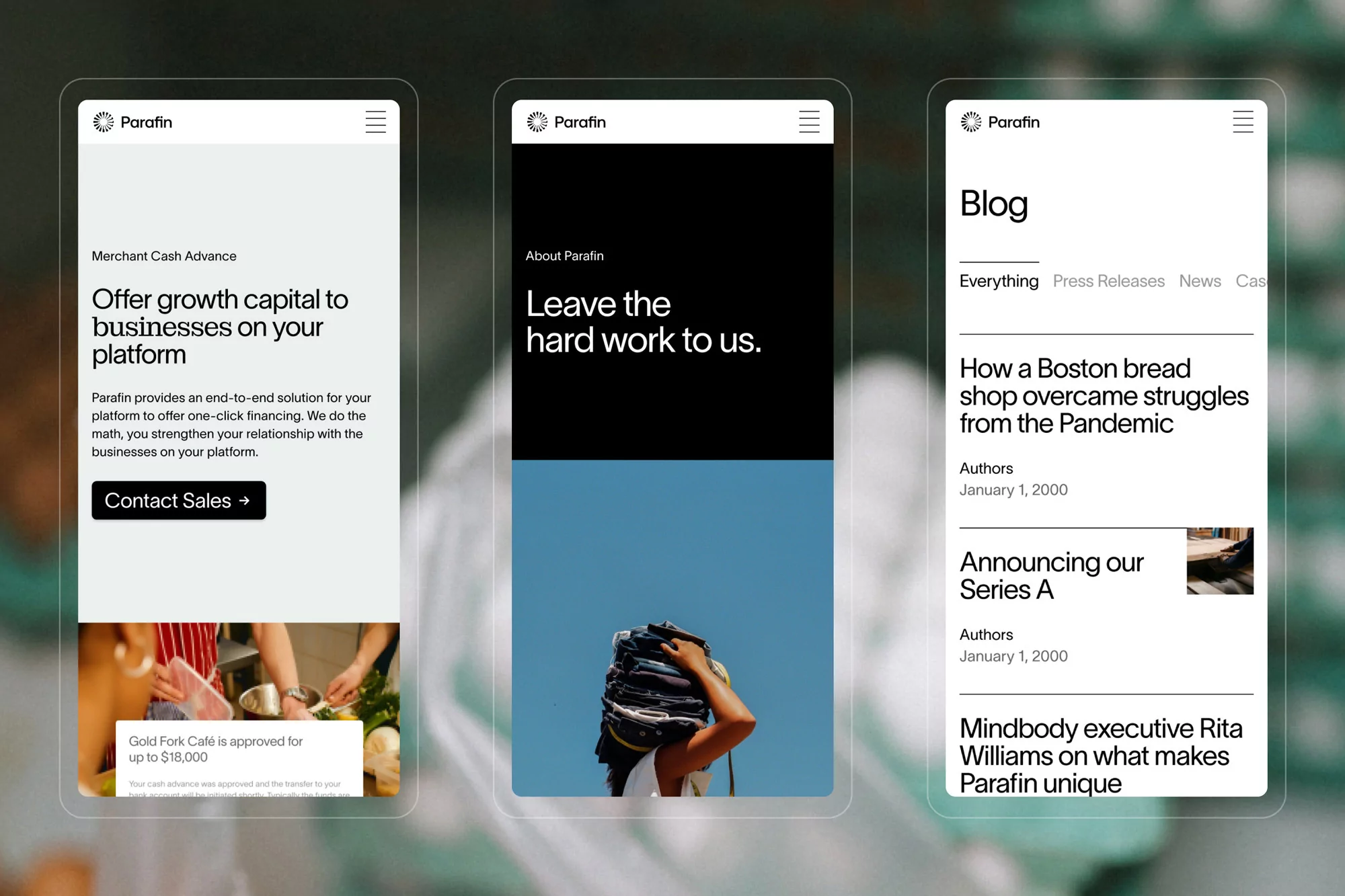 Three smartphone screens display different pages from the Parafin website against a blurred neutral background, showcasing interface design.