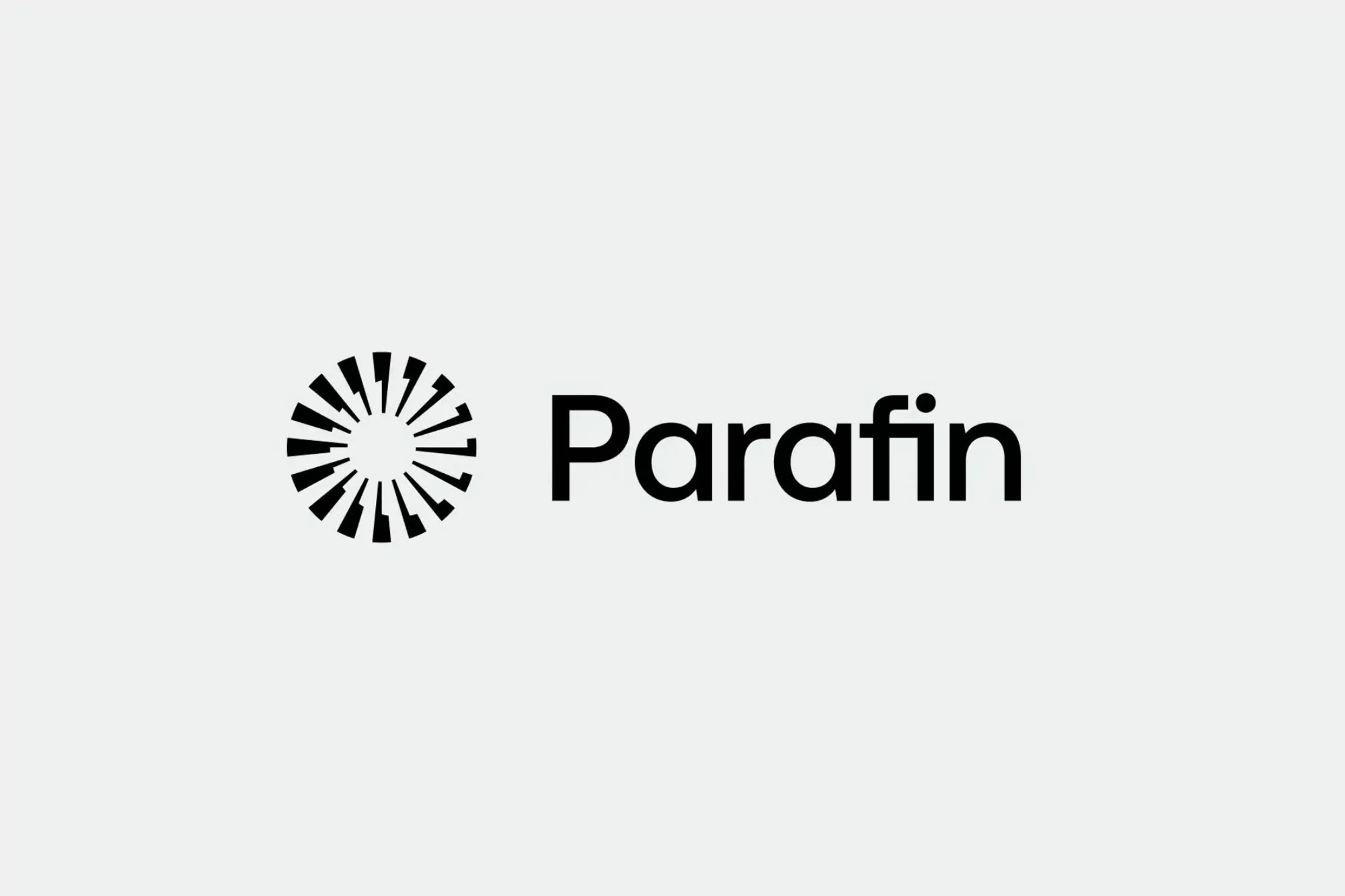 Parafin logo in black on white background featuring stylized sun symbol and company name, simple modern design, brand imagery.