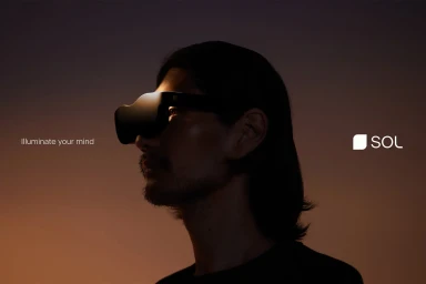 Profile portrait of a man wearing dark futuristic VR headset under warm sunset sky lighting for Sol brand identity