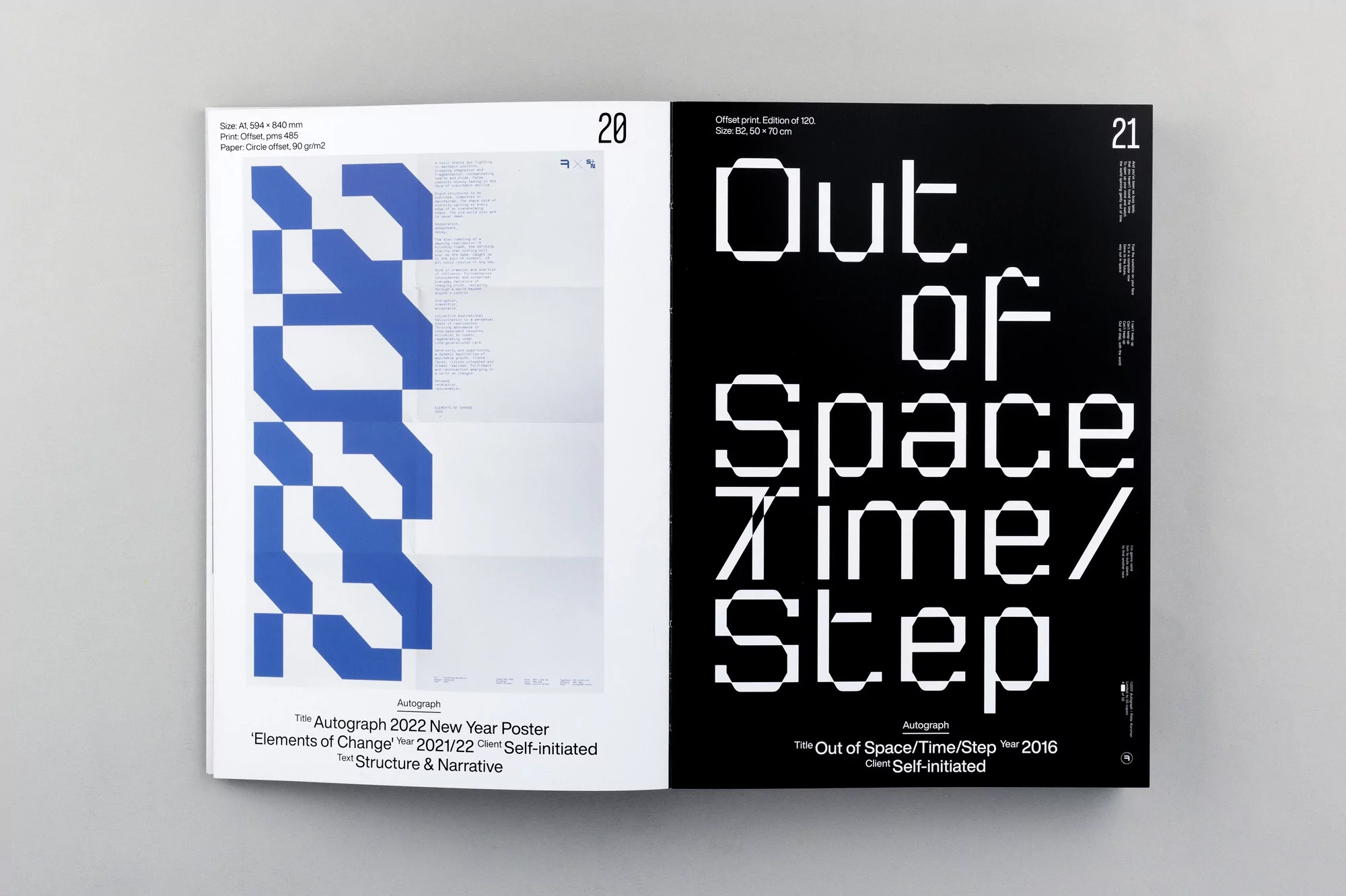 Two-page offset print features a blue geometric pattern on the left and bold typography on a black background on the right.