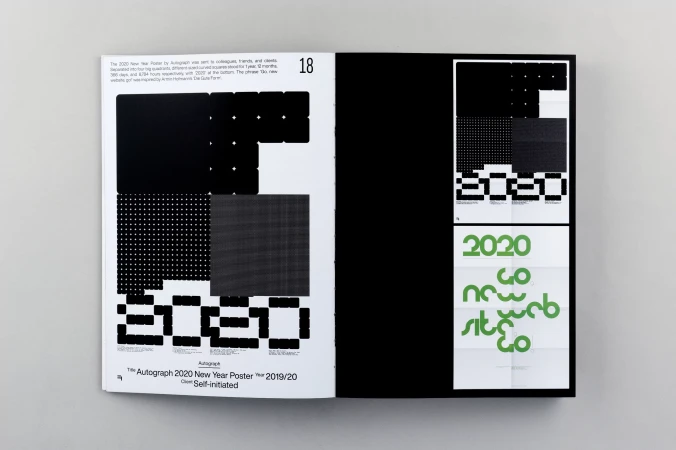 Open magazine spread featuring black, white, and green graphic designs and text, with a focus on the year 2020. 