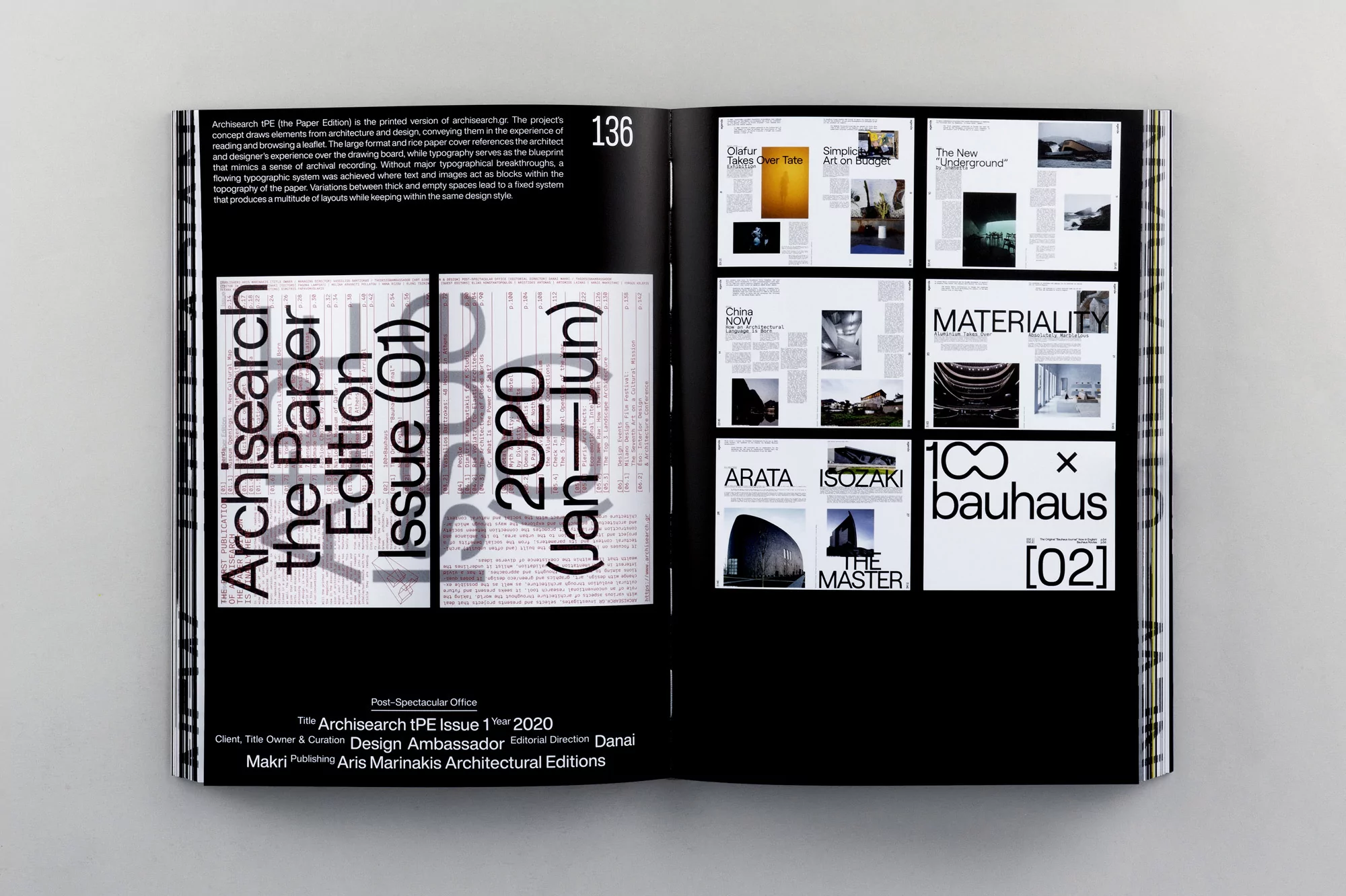 Open magazine spread features architectural journal, Archisearch, with layout of article excerpts and typography-driven cover on black background.