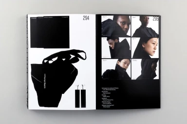 Open book spread showing brand identity design with black and white typography and portrait photography.