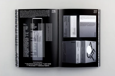 Open book spread showing architectural color swatches and typography layout for AkzoNobel by viction:ary