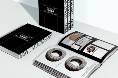 Black and white editorial book design layout featuring minimalist typography and graphic design spreads on a white studio surface