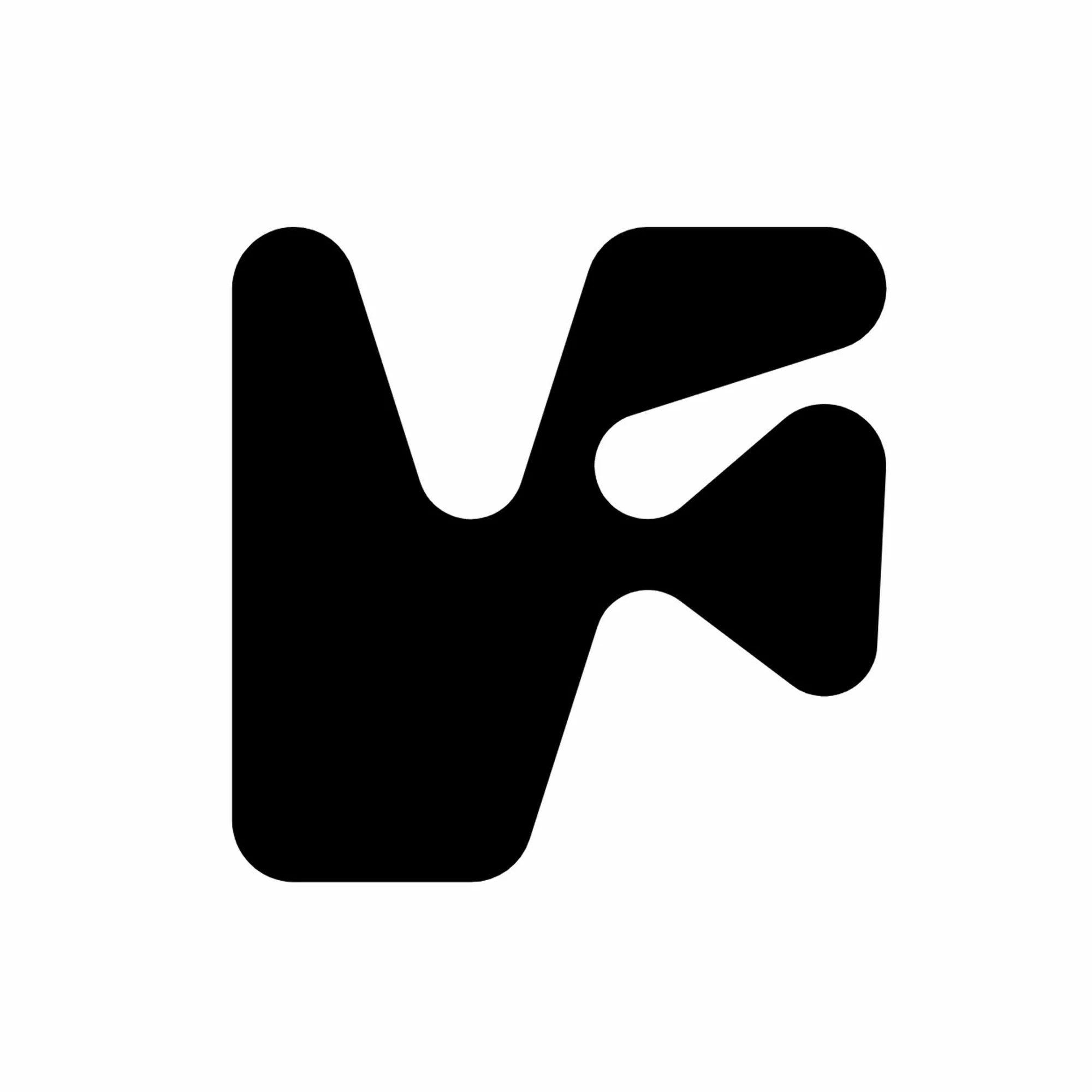 Abstract black logo with rounded edges on a white background, featuring a unique, stylized design resembling the letters 'V' and 'F'.