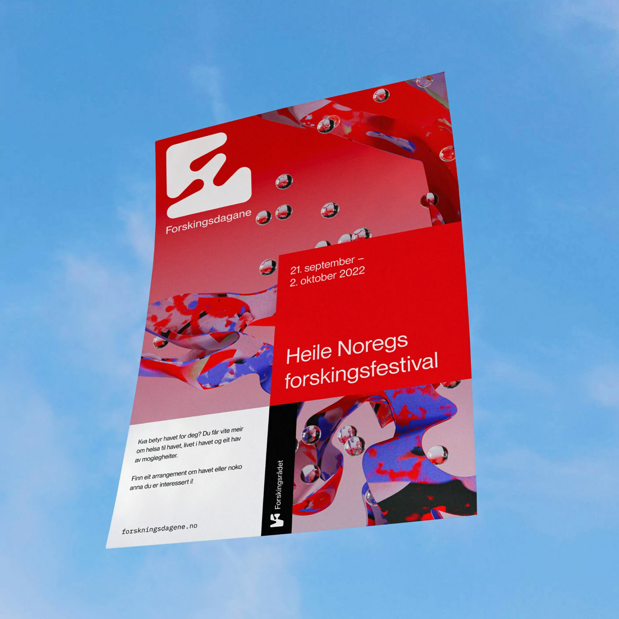 Science festival poster features abstract designs and text, set against a blue sky promoting Forskningsdagene from September 21 to October 2, 2022.