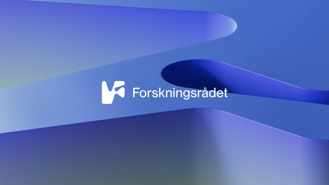 Abstract background with blue gradients, curved shapes, and the logo and text "Forskningsrådet" in white, creating a modern design.