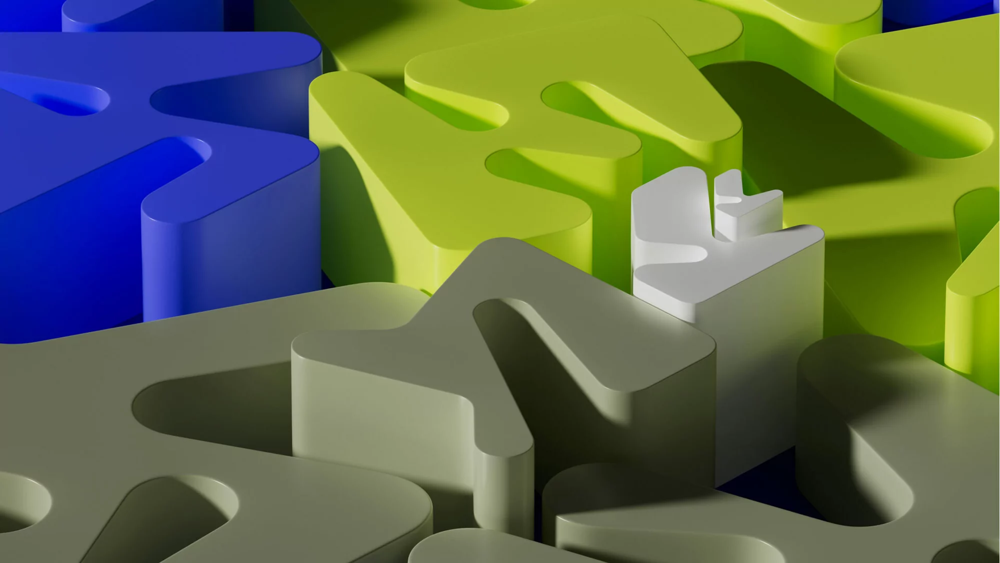 Abstract 3D render of colorful interlocking geometric shapes in blue, green, and white, creating a visually intriguing, modern design.