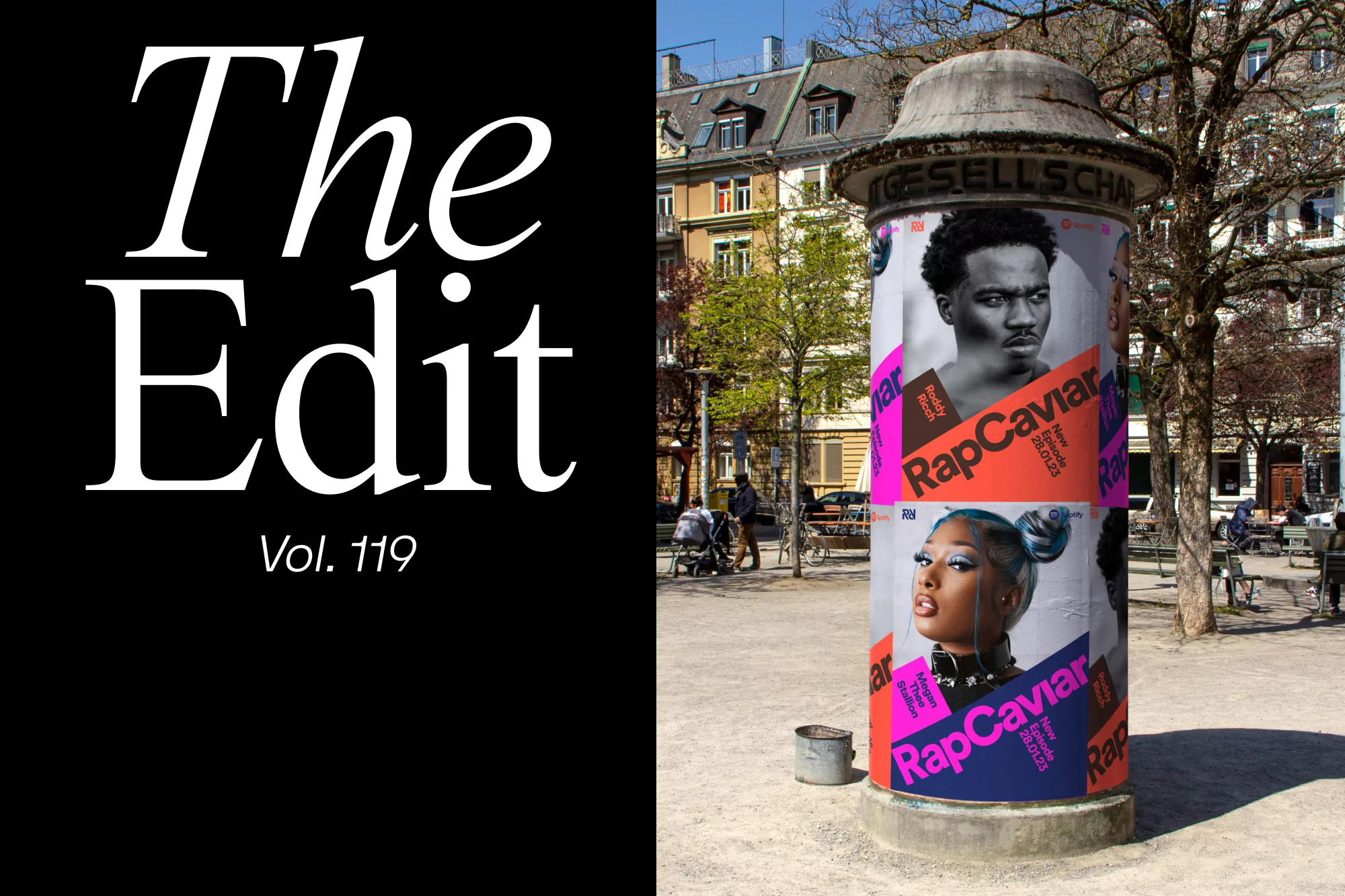 Outdoor scene featuring a column adorned with RapCaviar posters of Roddy Ricch and Megan Thee Stallion in a European city park.