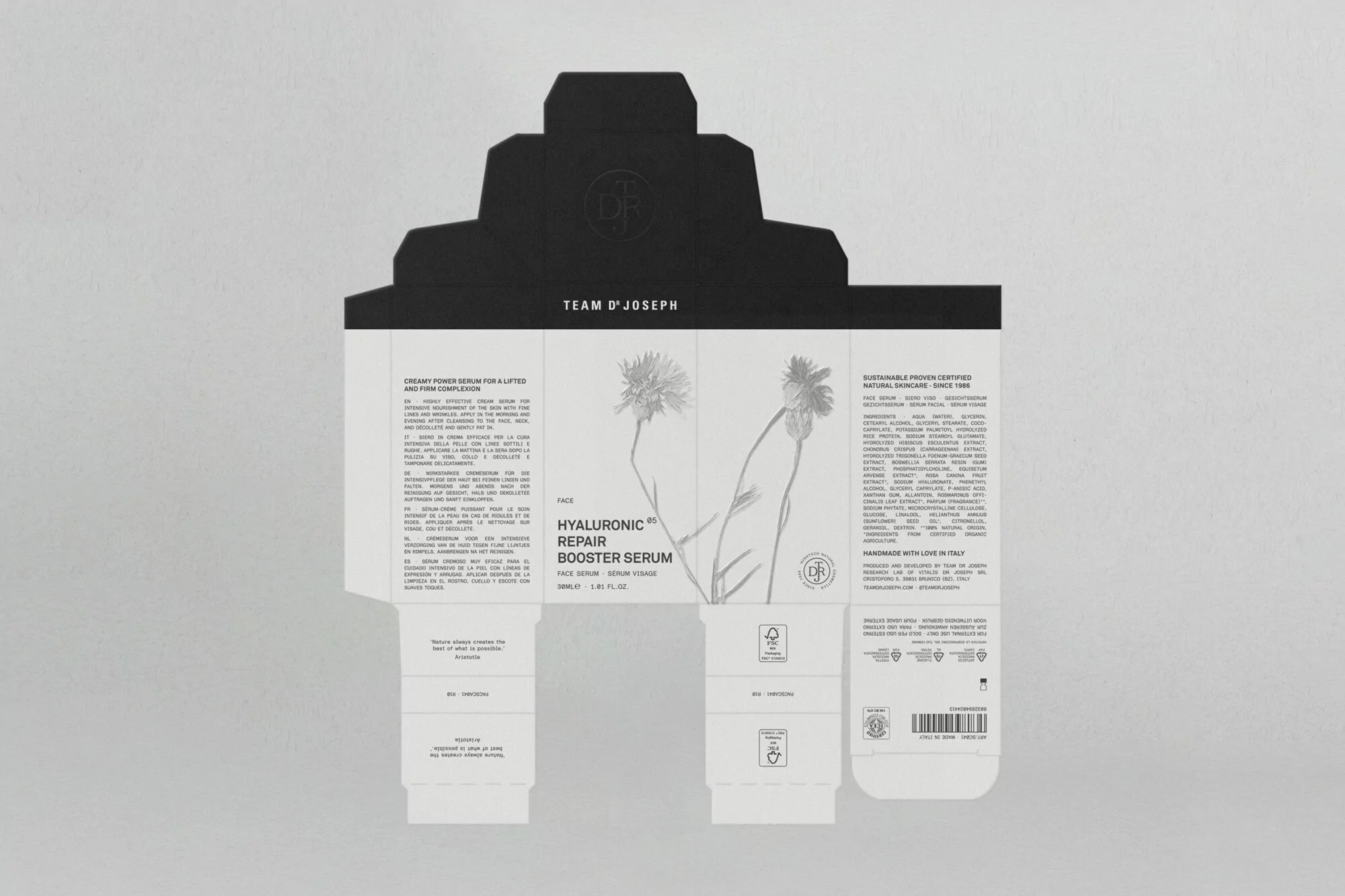 Product packaging for Team D'Joseph hyaluronic repair booster serum. The carton is white with black text and botanical illustrations.